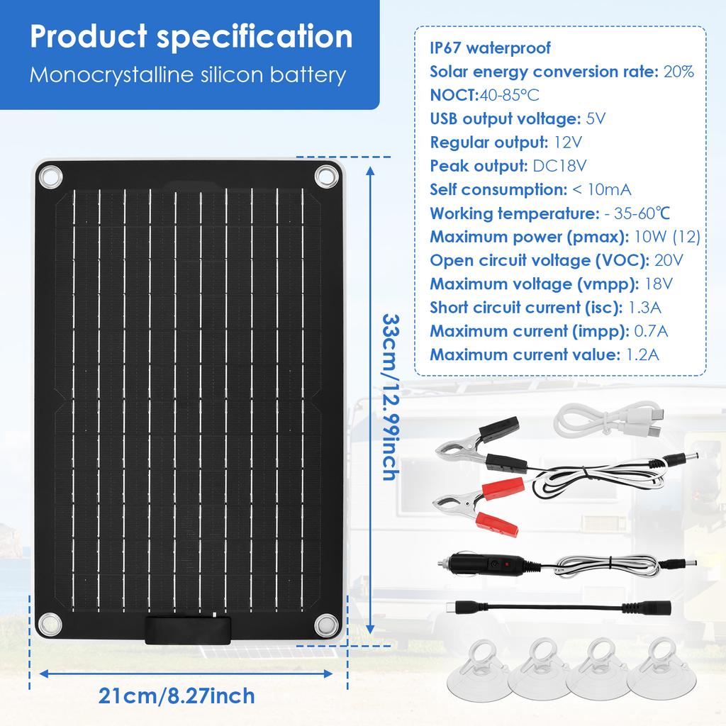 Solar Battery Charger 10W 12V Solar Trickle Car Battery Maintainer Portable IP67 Waterproof Monocrystalline Panel Charging Kit