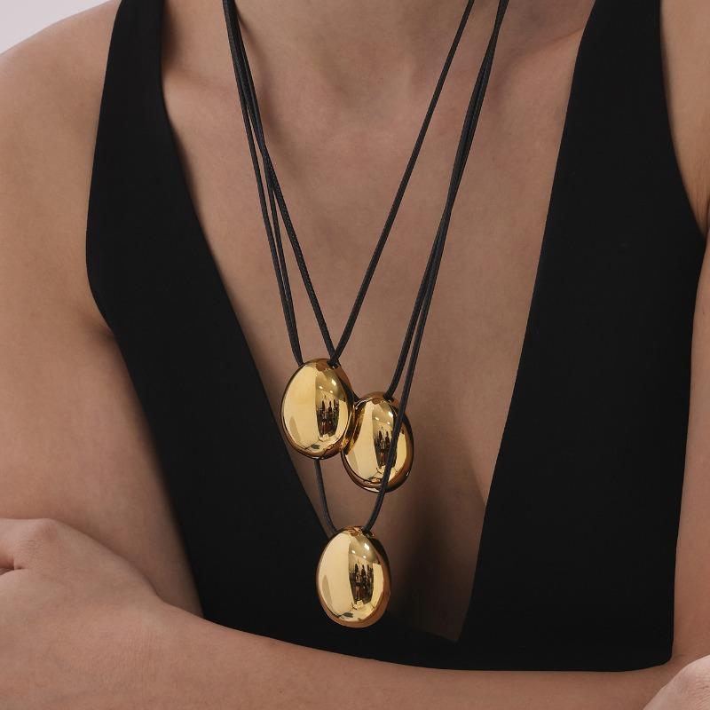 High Polished Geometric Pendant Adjustable Black Rope Stainless Steel Clavicle Necklace Jewelry