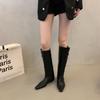Autumn boots women's summer new pointed thick heel stack boots retro knight boots fashion belt buckle mid boots