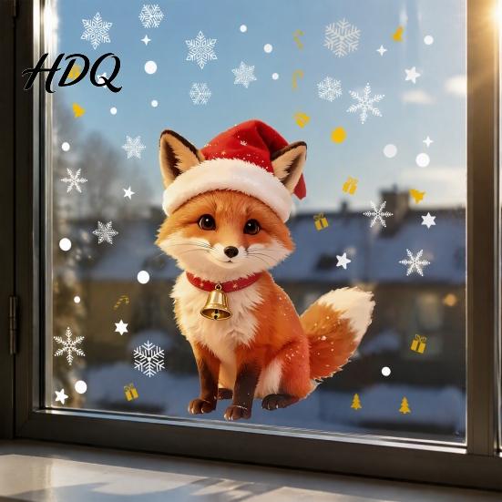 Removable Holiday Glass Stickers Christmas Cute Fox Static Window Clings Santa Hat Snowflake Gift Tree Pattern Decal Decals Self-Adhesive Winter for