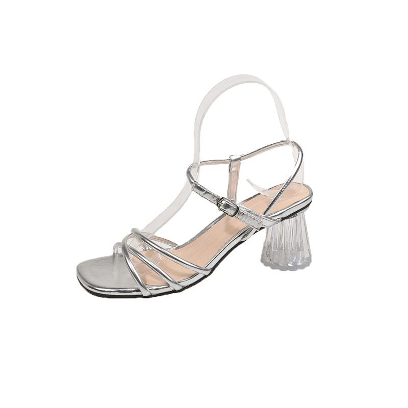 High heels femininity high sense simple new summer large size transparent thick heel with word fashion sandals