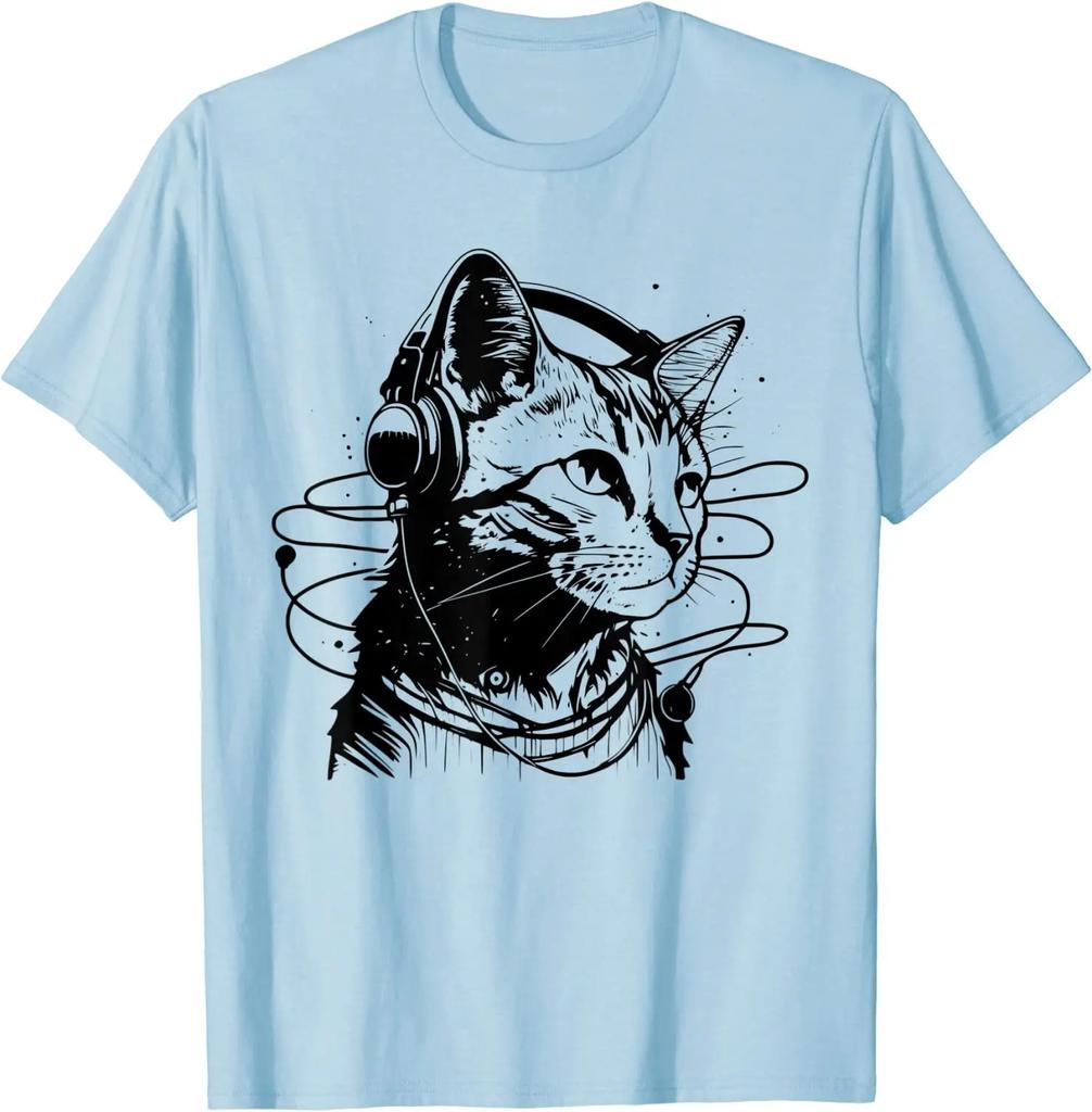 Cat In Headphones Funny Cat Vintage Funny Cat Tshirt Graphic T Shirts Oversized T Shirt Cotton Four Seasons Daily Tees Casual