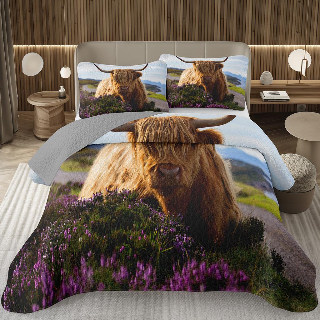 Hochlandkuh Tagesdecke Twin/King Bauernhoftier Stier Rind Überwurf Rustikaler Landhausstil Gestepptes Bettwäscheset Wendbare Tagesdecken