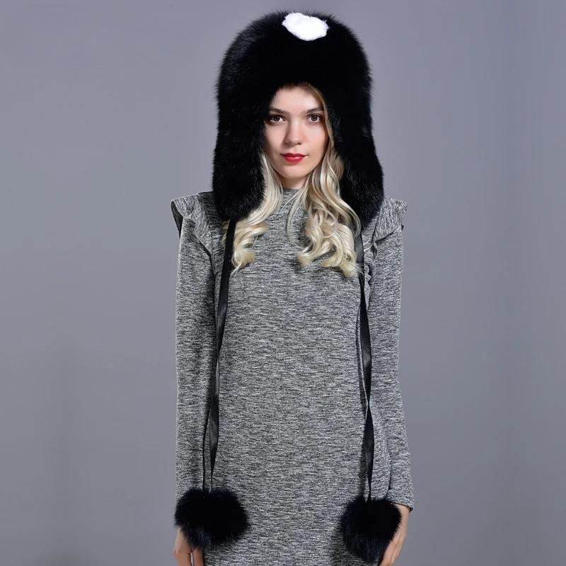 Womens Winter Hats and Caps Natural Fur Fox Hat with Tails 2 Balls Fluffy Fur Elegant Fashionable Stylish Warm Hat with Earflaps