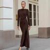 European and American Brown Round Neck Knitted Dress Women's Autumn Design Sense Inside with Hip Skirt Long Dress Women's Clothing