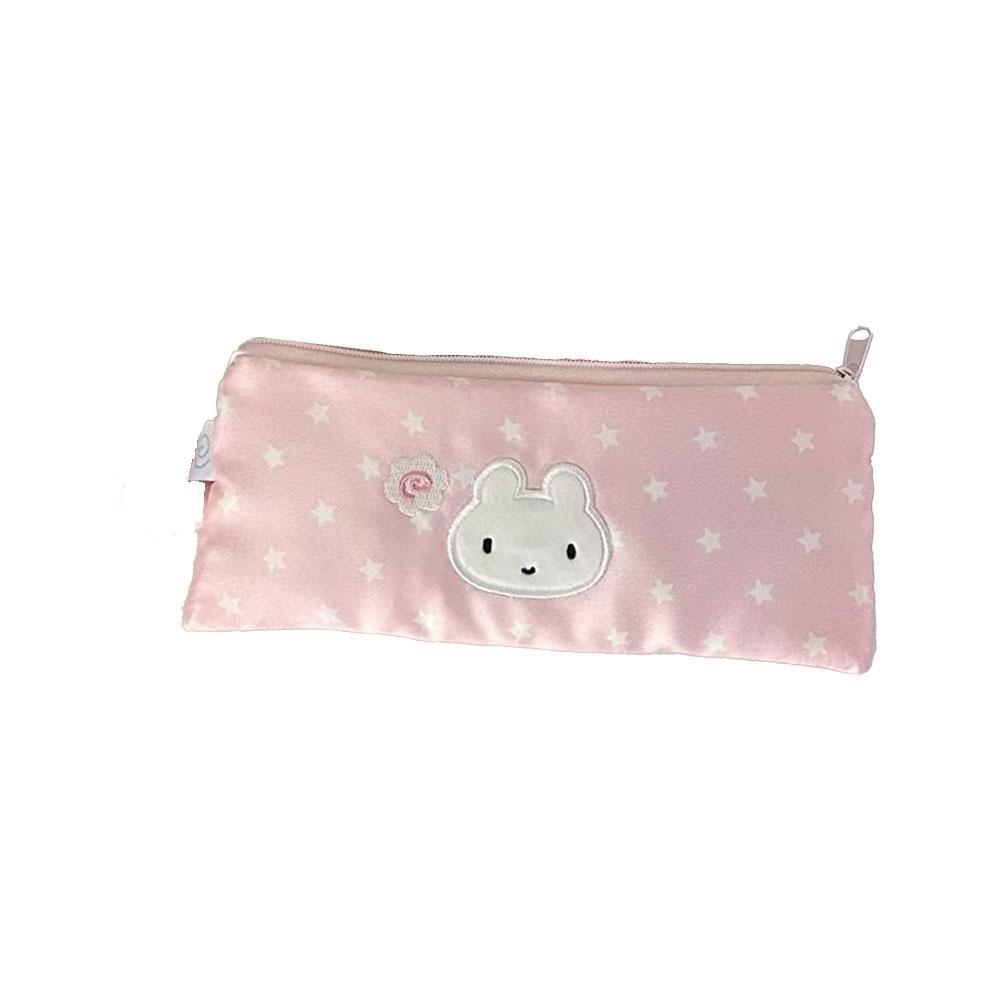 Pink Pen Bag Cute Cartoon Star Rabbit Pattern Plush Large Capacity Pencil Case Zipper Design Stationery Storing Bag Students