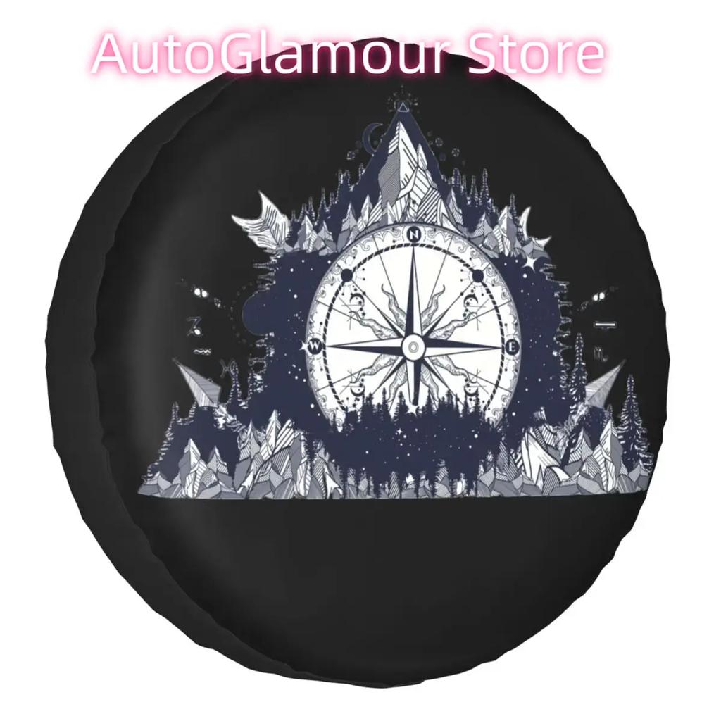 Mountain Compass Wind Rose Tattoo Spare Wheel Tire Cover Happy Camp For Jeep RV SUV Camper Vehicle Accessories 14" 15" 16" 17"