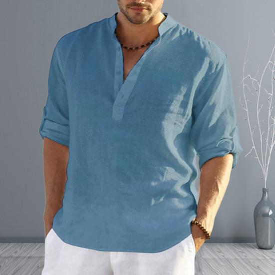 Camicia estiva da uomo maniche lunghe colletto alla coreana tinta unita pullover ampio abbigliamento quotidiano bottoni casual taglie forti uomo top abbigliamento maschile