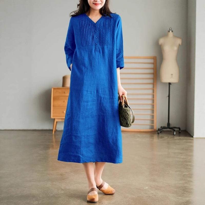 Spring and summer linen five-quarter-sleeved foreign-style age-reducing fashion dress women's casual V-neck thin knee-length dress