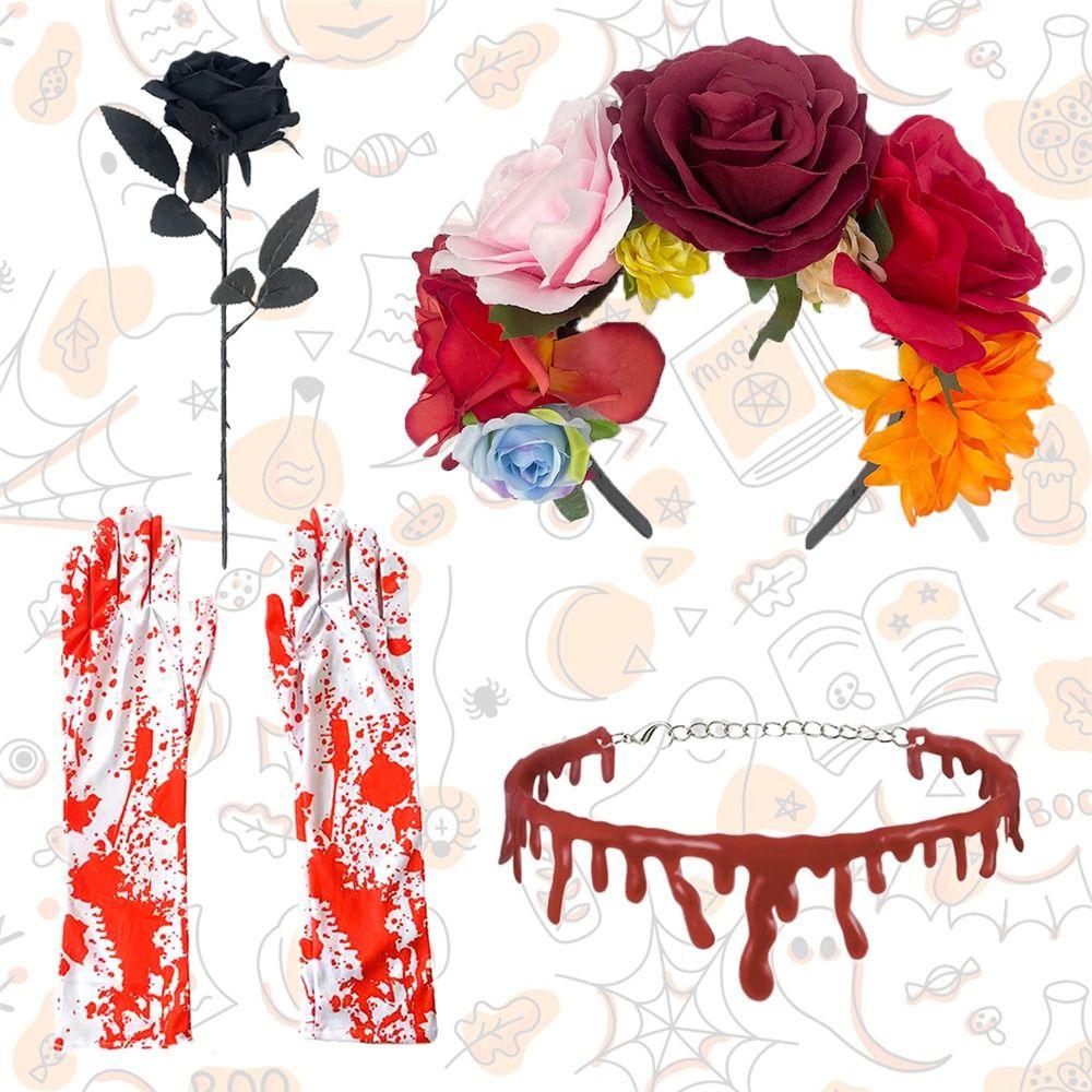 4-Piece Set Halloween Party Costume Rose Flower Headband Novelty Horror Necklace Gloves  for Women