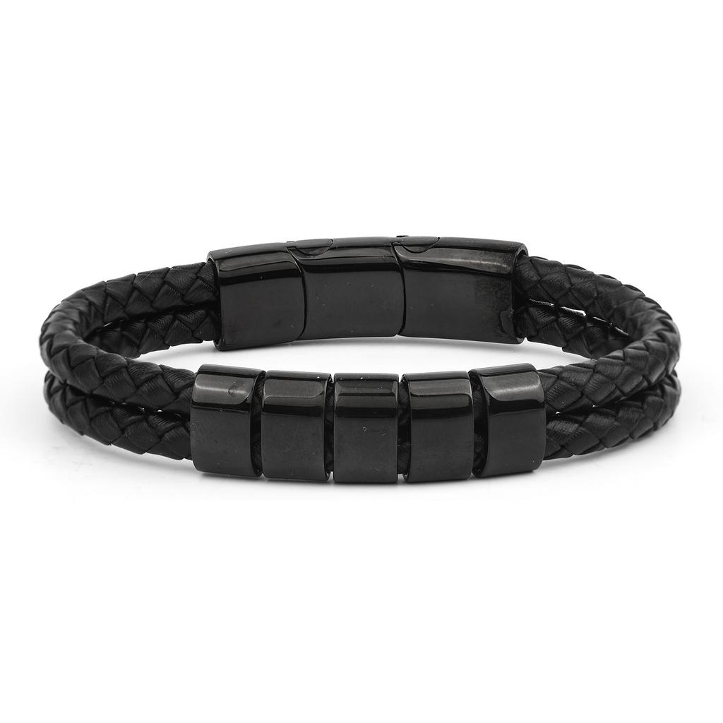 Men's Leather Bracelet Magnetic Tail Buckle Stainless Steel Positioning Ring Engraved Father's Day Gift Double Leather Bracelet