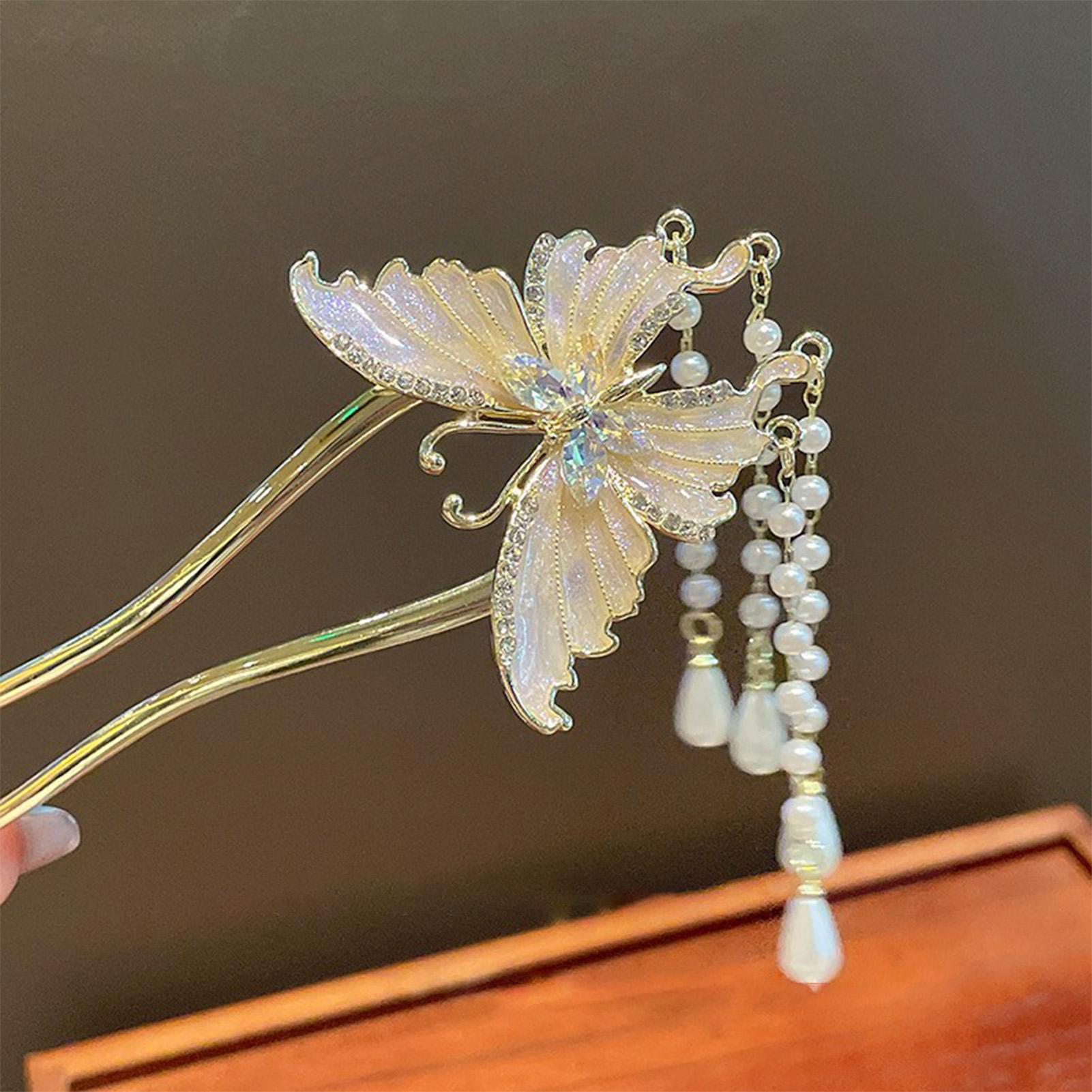 

Super Fairy Butterfly Hair Sticks Forks U Shaped Hairpins Side Clips Pearls Tassel Pendant Headpieces Women Girls Hair Jewelry