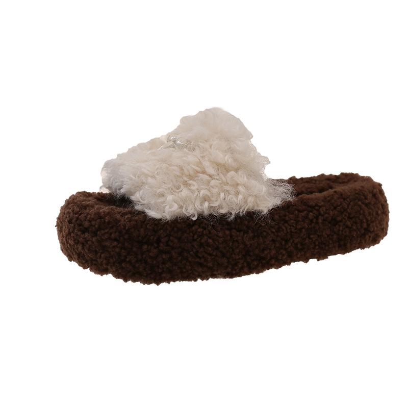 Fashion Curly Wool Slippers Women Lambs Fur Shoes Thicken Soled Platform Slides Ladies Woolen Pantufa Shearling Loafers Furry Shoes