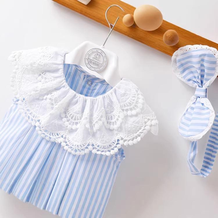 Pruhovaný krajkový dětský overal v korejském stylu - Letní 2022 Krátký rukáv