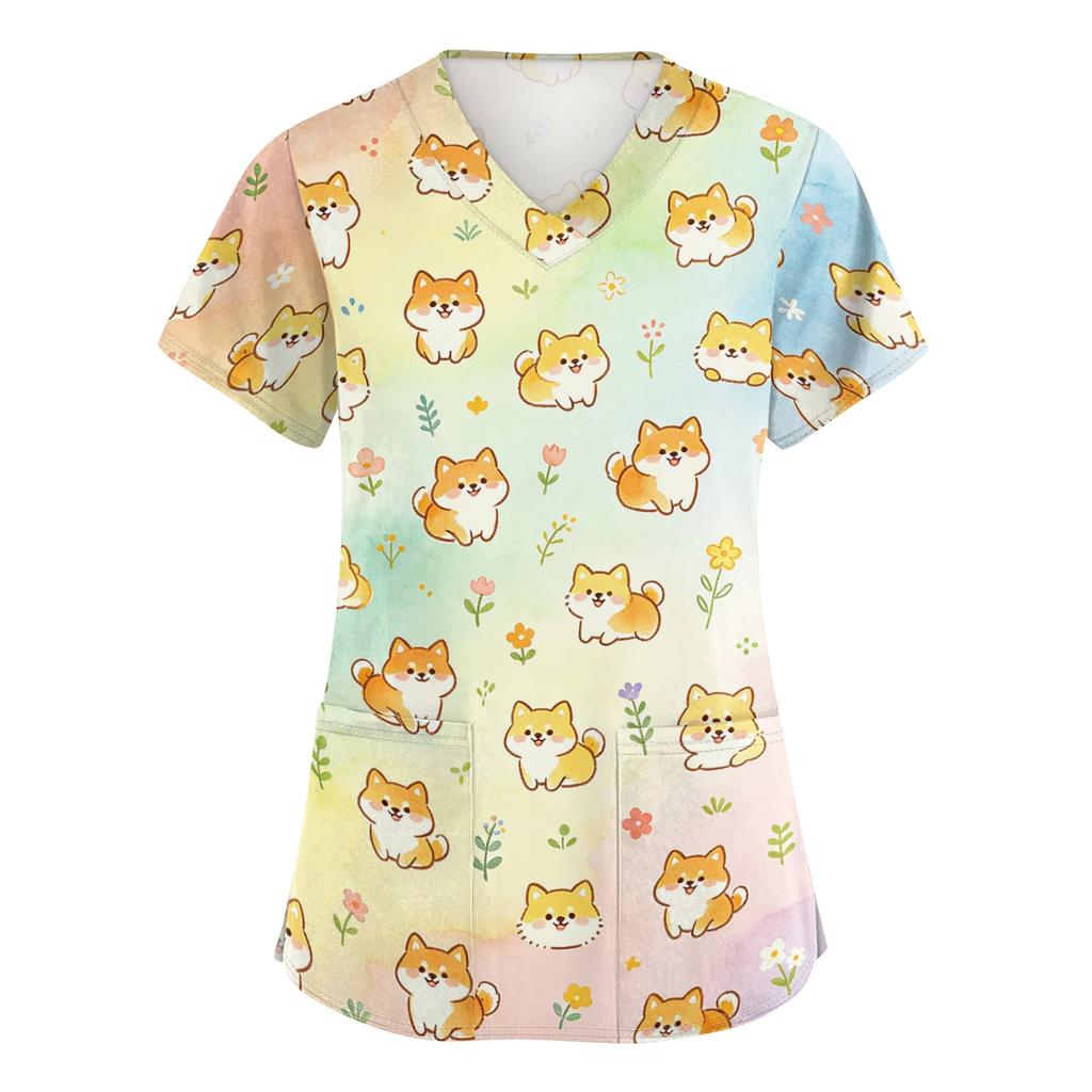 Women's V Neck Short Sleeve Work Top with Pockets Animal Print Medical Scrub Shirt for Healthcare Professionals Comfortable Fit