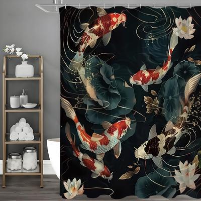 Koi Lotus Leaf and Lotus Flower Shower Curtain, Bathroom Decorative Shower Curtain, Waterproof Shower Curtain with Hooks