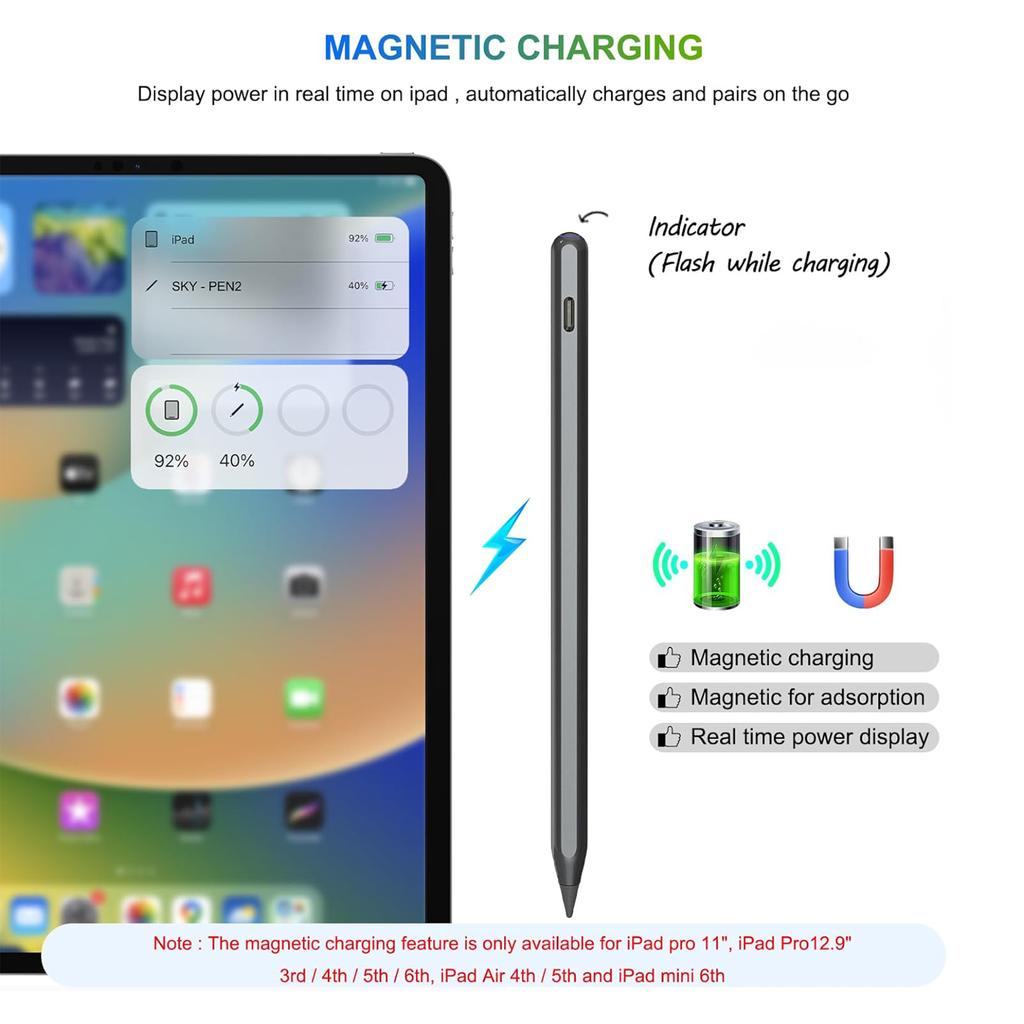 Wireless for Aluminum Stylus Pen with Magnetic Charging and Type C Port for iPad 2025 Drawing