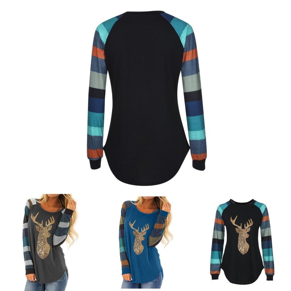 Soft Womens Christmas T-shirt Blouse With Chic Long Sleeves And Reindeer Motif