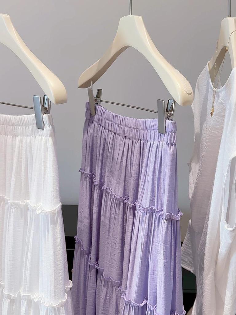 Women's High-Waist Ruffle Patchwork Skirt: Solid Color, Layered Long Hem for Spring/Summer 2026