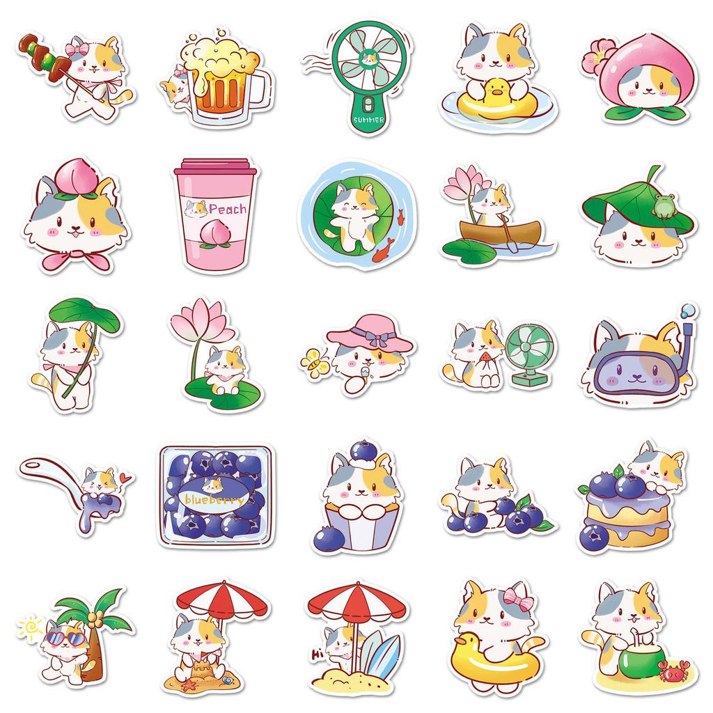 50 Summer Kitten Doodle Stickers – Cute Cartoon Designs for Water Bottles & Suitcases