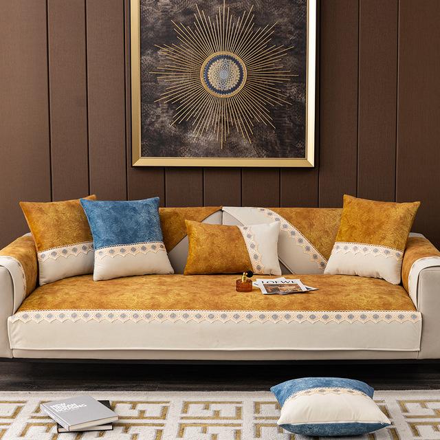 Luksusowy koronkowy pokrowiec na sofę antypoślizgowy na kanapę w kształcie litery L z szenili, ochraniacz na meble do salonu