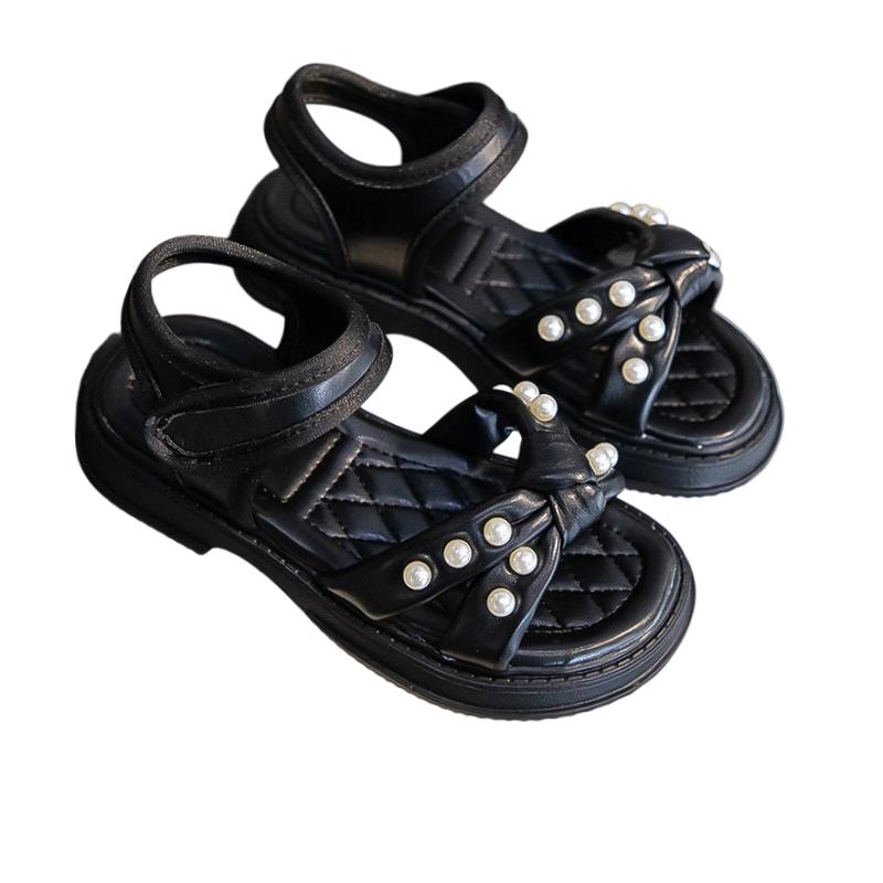 Girls Summer Pearl Decor Princess Sandals Adjustable Strap Non Slip Beach Shoes Lightweight Comfortable Soft Sole Footwear