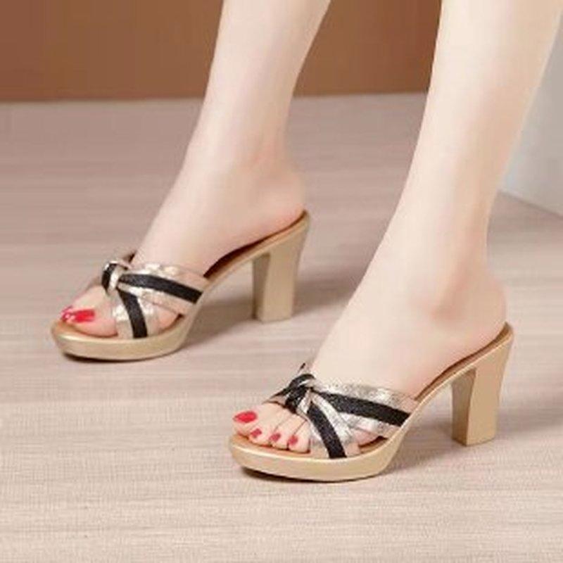 Fashion New Brand High Heels Shoes Women Chunky Slippers 2025 Summer Designer Party Pumps Ladies Sandals Sexy Dress Slides Flip Flops
