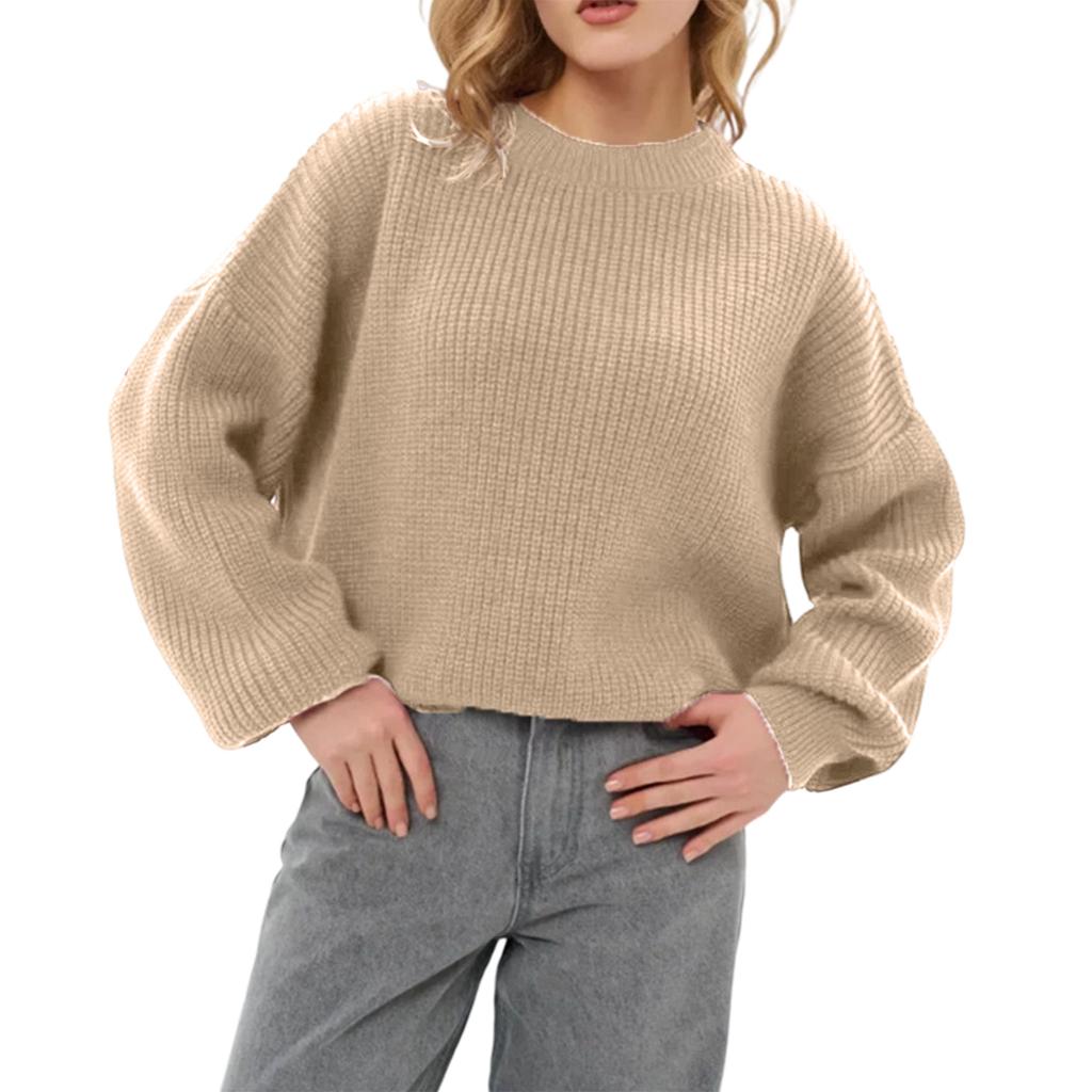 Women's Loose Solid Color Short Round Neck Pullover Long Sleeve Knit