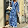 Spring and Autumn Women's Dress Temperament Fashion Printed Lapel Waist Midi Dresses