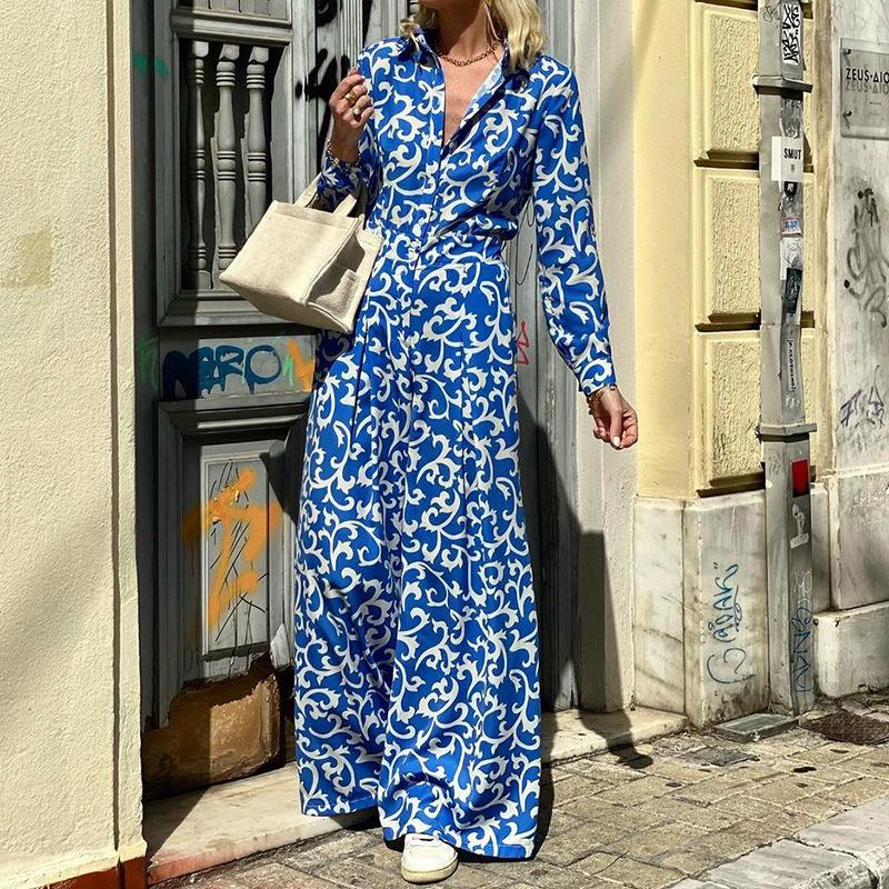 Spring and Autumn Women's Dress Temperament Fashion Printed Lapel Waist Midi Dresses