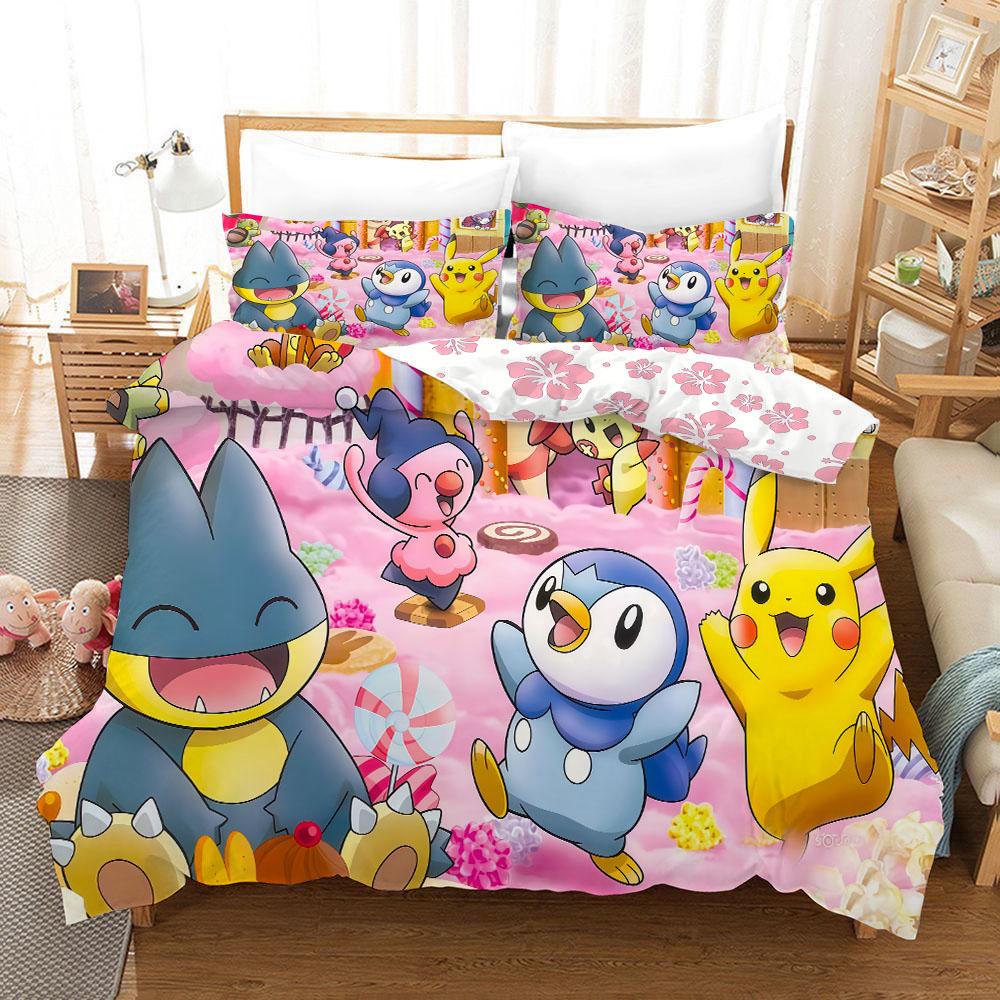 Pokemonzd 3Pcs Duvet Coverskids Cartoon Bedding Set Quilt Cover Twin Full Bedroom Bed  King Size  Decor For Teens Best Gifts