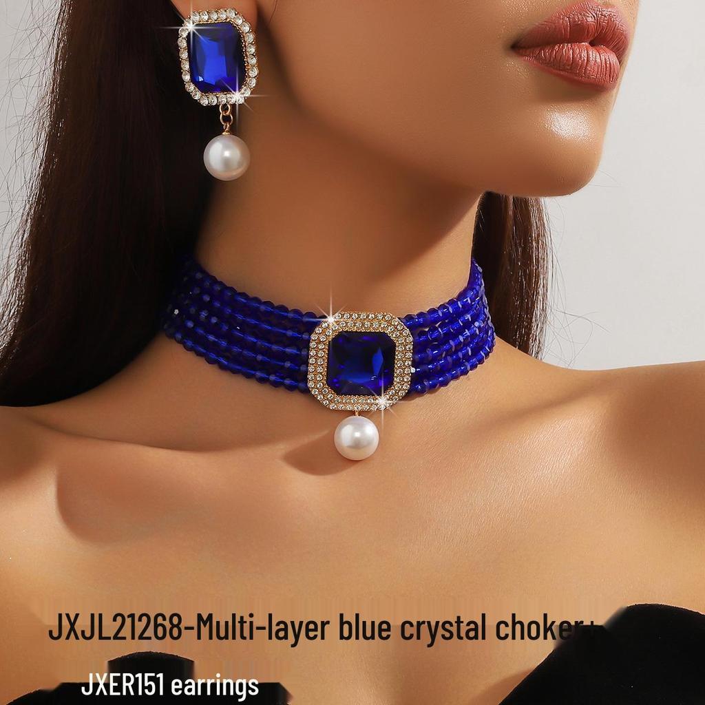 Luxusní vícevrstvý geometrický křišťálový choker a sada barevných náušnic