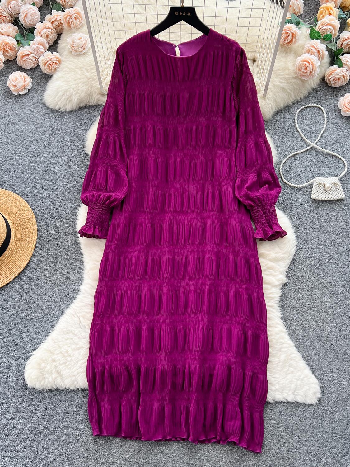 

Осеннее винтажное женское драпированное свободное платье миди, элегантное круглое воротниковое платье-фонарик с длинным рукавом, повседневные платья, новое One Size фиолетовый