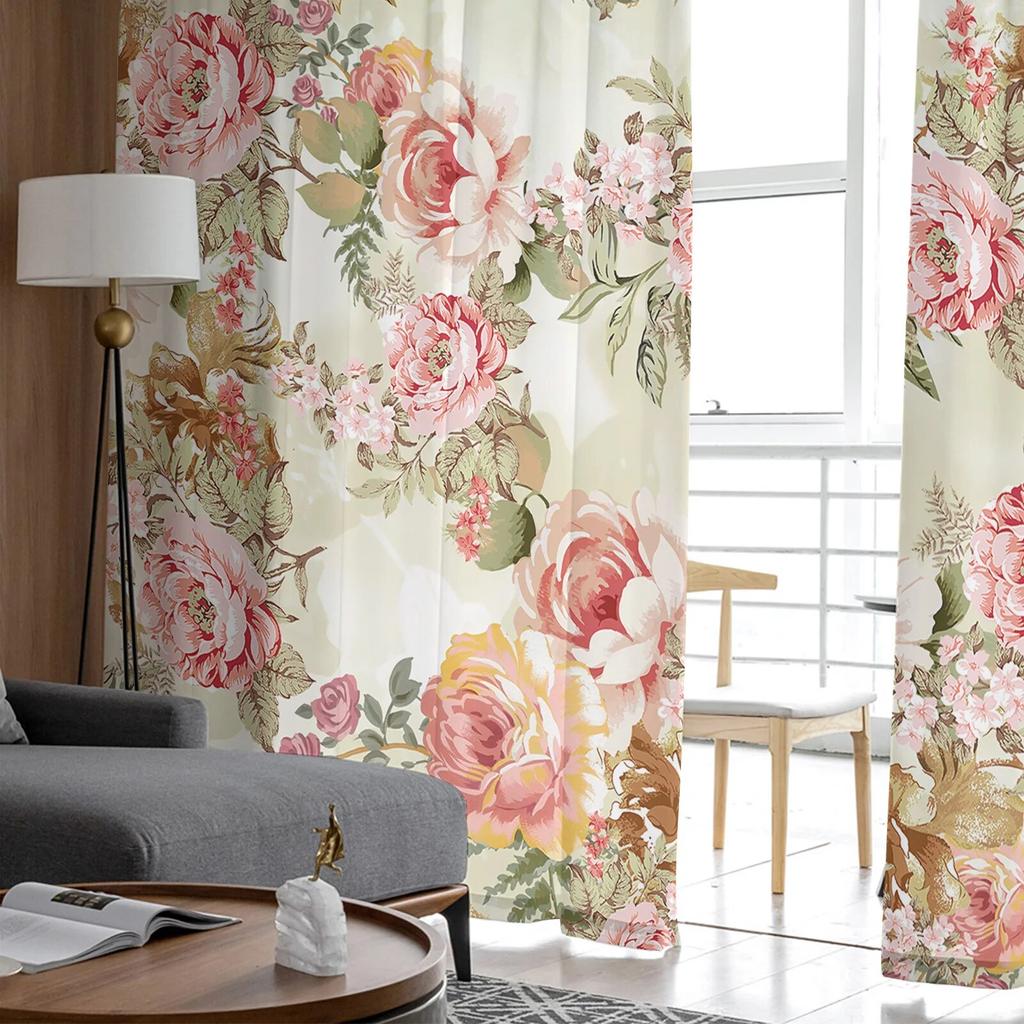 Vintage Floral Abstract Overlay Foliage Voile Sheer Curtains Living Room Window Tulle Curtain Kitchen Bedroom Drapes Home Decor