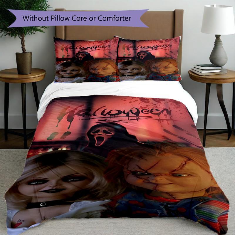 3pcs Duvet Cover Set (1*Duvet Cover + 2*Pillowcase, Without Core), Bride of Chucky Print Bedding Set, Bedroom Decor, All‑Season, Birthday Gift