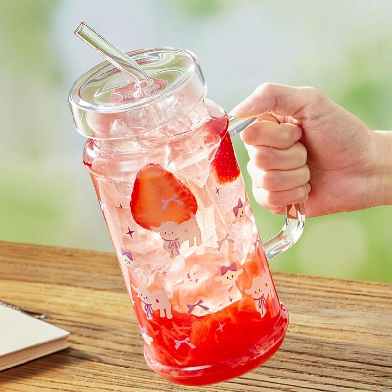 1080ml Große Kapazität Strohhalmbecher Glasbecher mit Deckel - Eiskaffeebecher, Wiederverwendbarer Trinkbecher für Kaffee, Tee, Eiskaffee Americano