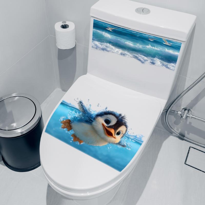 Cute Swimming Penguin Ocean Wave Toilet Lid & Tank Self Adhesive Sticker Waterproof Bathroom Decor Decal