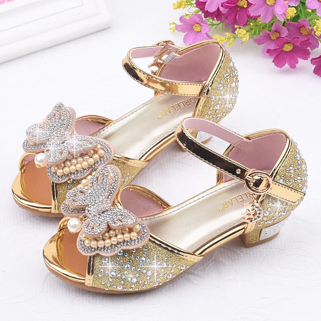 Toddler Kids Girl Pearl Butterfly-Knot Crystal Single Rhineston Princess Sandals