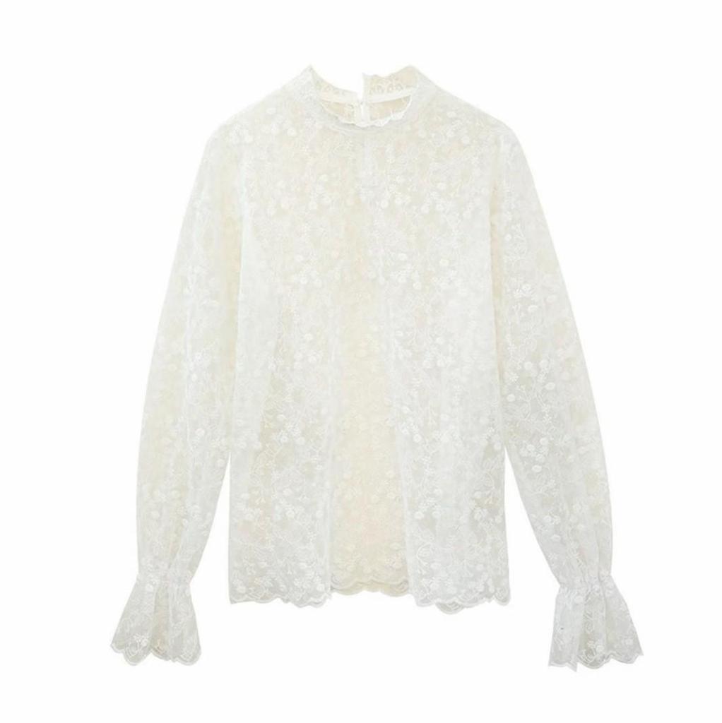 A/W 2026 Women's Stylish Mesh Lace Shirt with Bell Sleeves and Half-High Collar