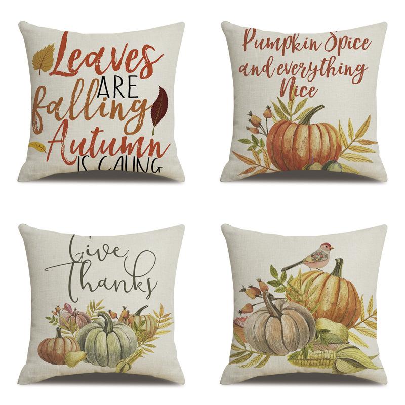 Thanksgiving Linen Pillowcase Autumn Pumpkin Print Pillow Cushion Cover
