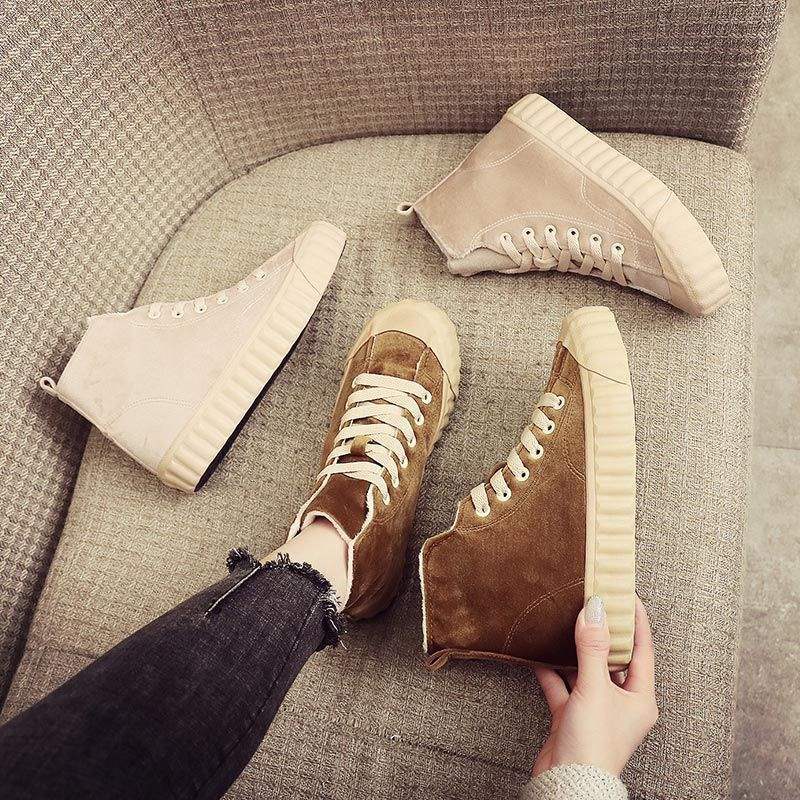 Fleece thickened high-top canvas shoes for women's winter students, Korean version of versatile flat bottom 2025 new thermal cotton shoes for women