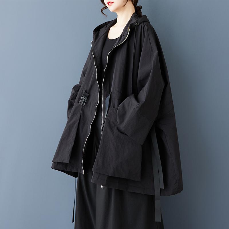 Long Sleeve Oversized Hooded Vintage Black Casual Loose Autumn Spring Trench Coat for Women Outerwear