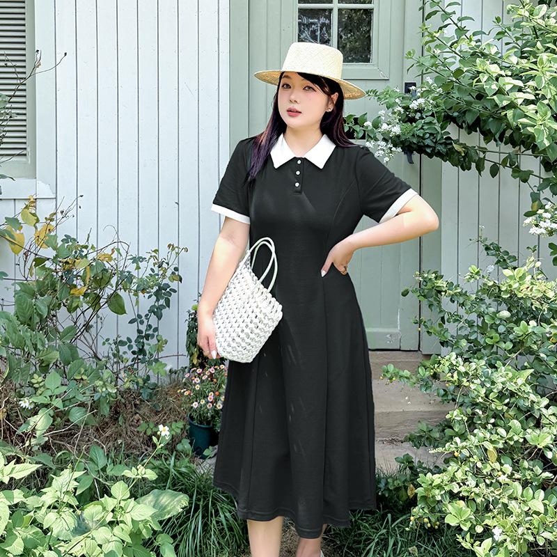Large Size Women's Clothing Contrasting Color Polo Collar Dress, Summer New Waist and Age-reducing Medium and Long Dress 222191