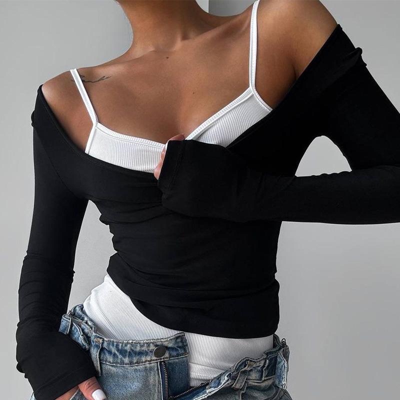 Summer Fashion Contrast T-shirt 2 Piece-Set Women's Off-Shoulder Long Sleeve Patchwork Cropped Top Female Commute Tee Top