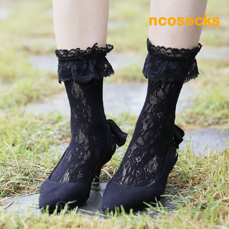 Long-sleeved lace socks, 2-pack white