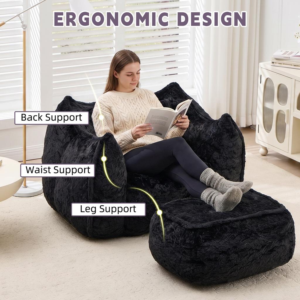Giant Bean Bag Chair for Adults &Kids Faux Fur Sofa Chairs with Pillow &Ottoman, Comfy Reading & Gaming Beanbag Couch for Bedroom Living Room, Black