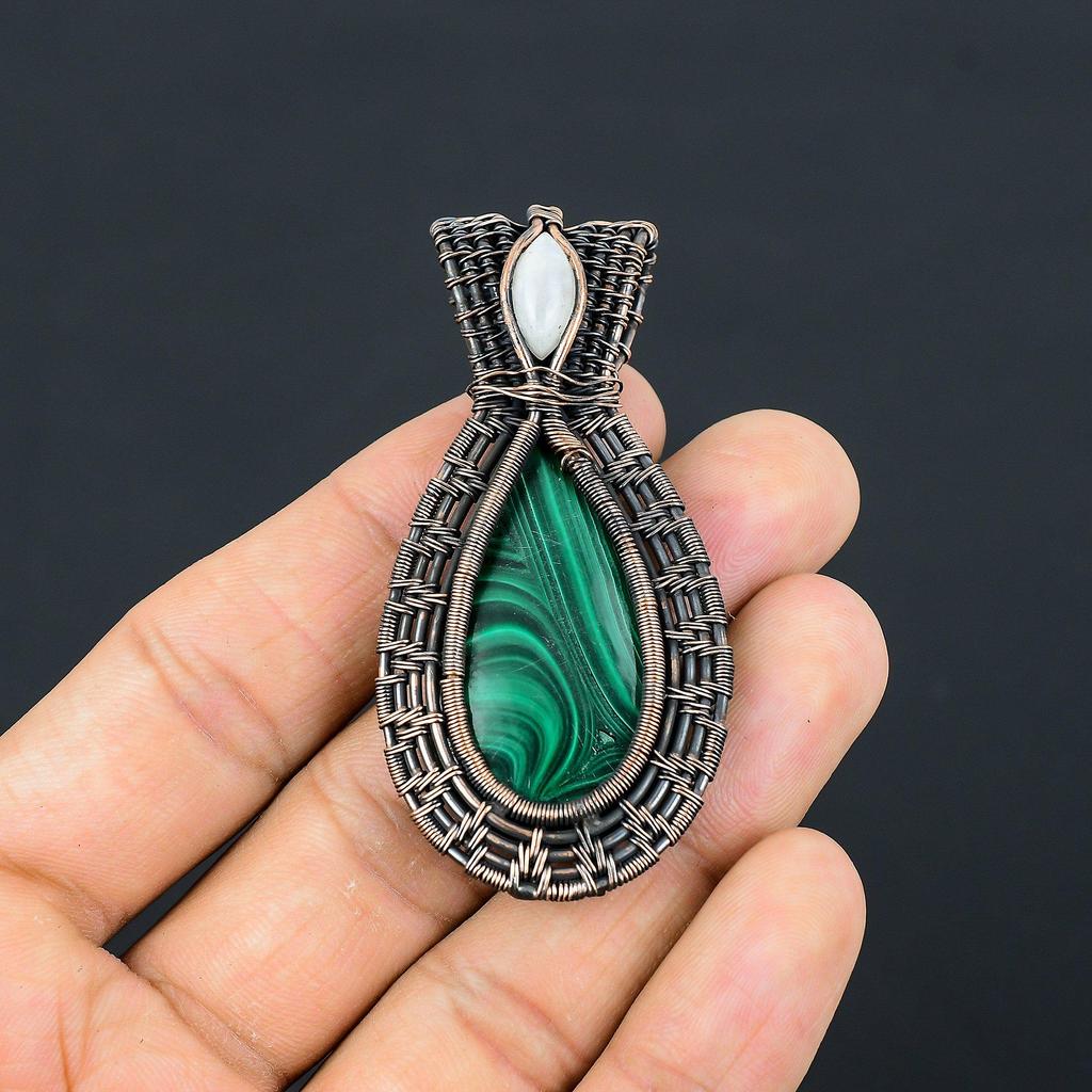 Malachite & Moonstone Gemstone Pendant Handmade Jewelry, 999 Copper Wire Wrapped Pendant Jewelry