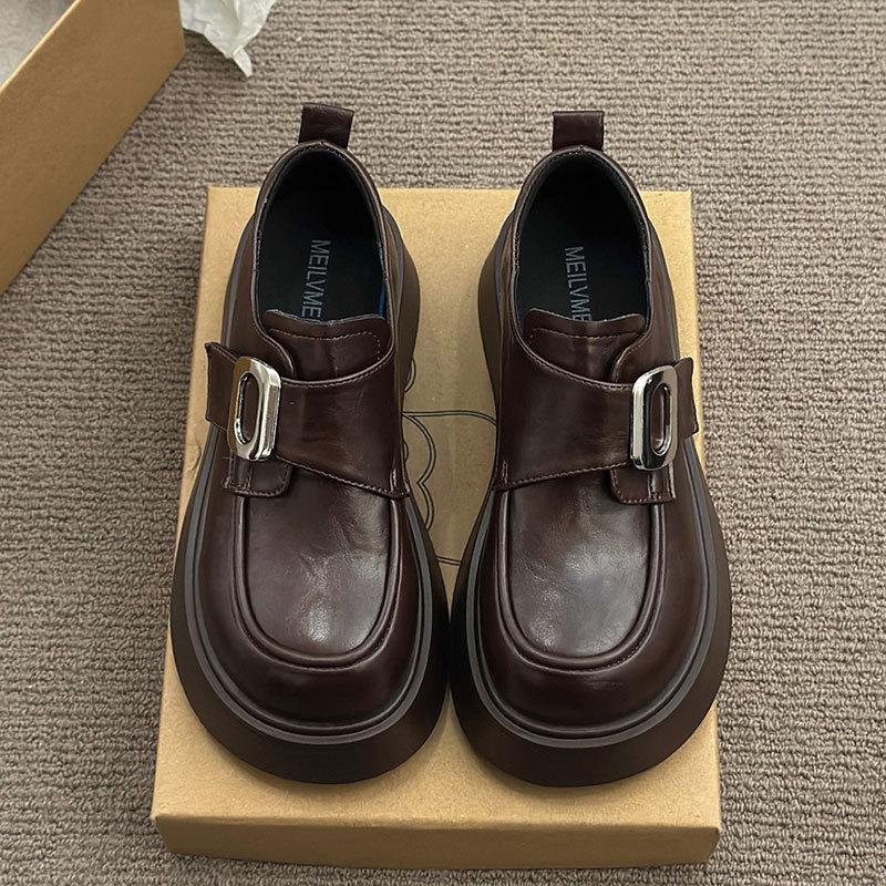 British Versatile Retro Brown Buckle Single Shoes for Women's Spring New Platform Small Leather Shoes for Women