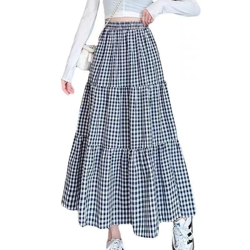 Women's Summer Elastic Waist Tiered Cake Skirt - Vintage High-Waist Paneled A-Line Pleated Midi Skirt for Hip Coverage & Slimming