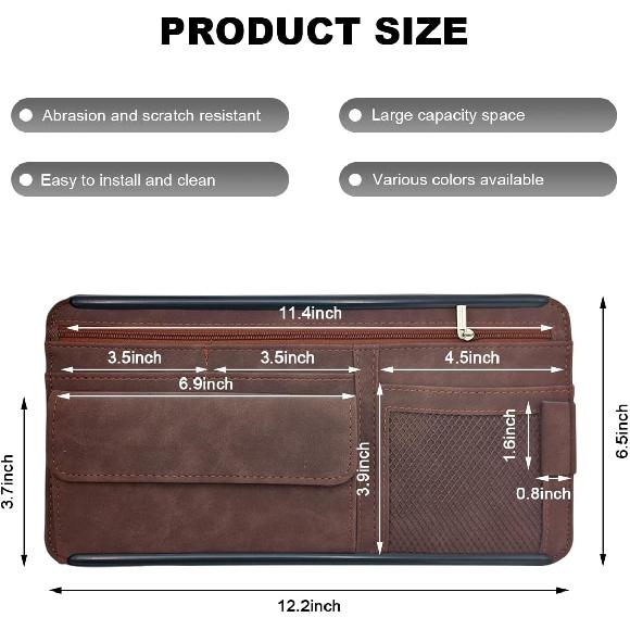 Car Sun Visor Organizer, Leather Sun Visor Pocket Organizer Case With Multi-Pocket Net Zipper, Suede Note Holder Car Visor Storage Pouch For Card Pen